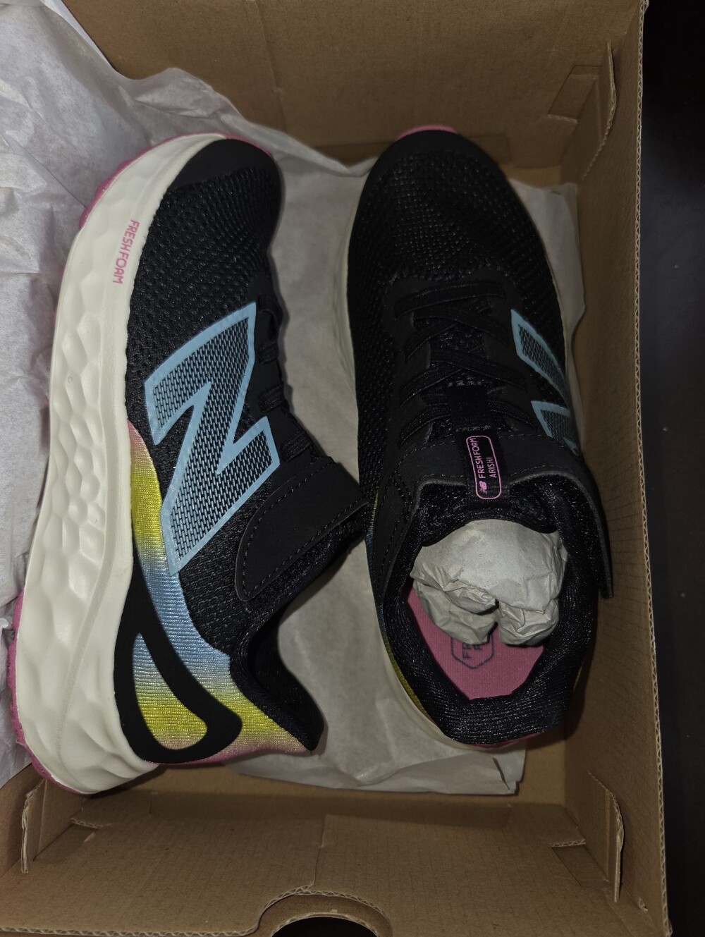 New Balance Girls Black Sneakers with Blue and Yellow Accents, Size 1.5